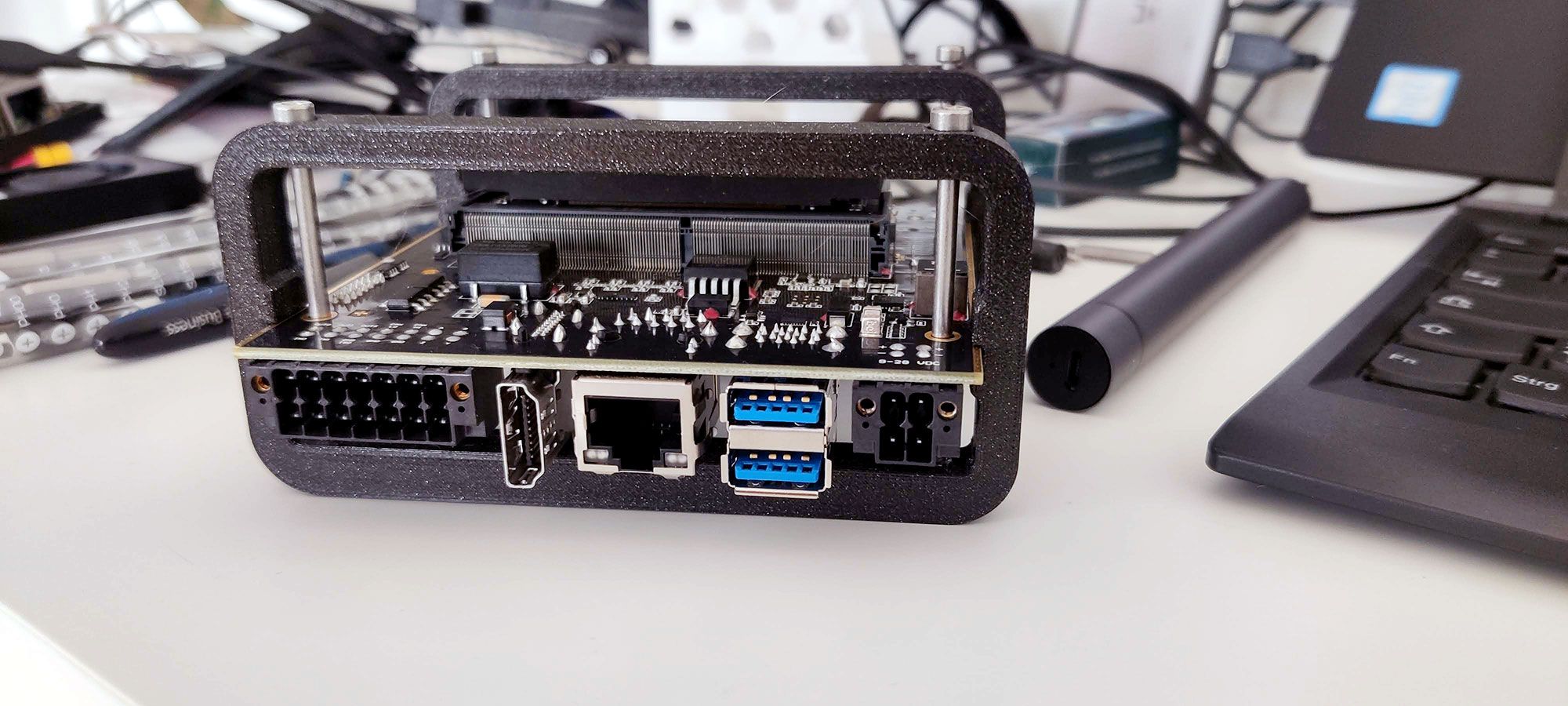 System on Module Carrier Board in Custom 3D-printed Desk Harness